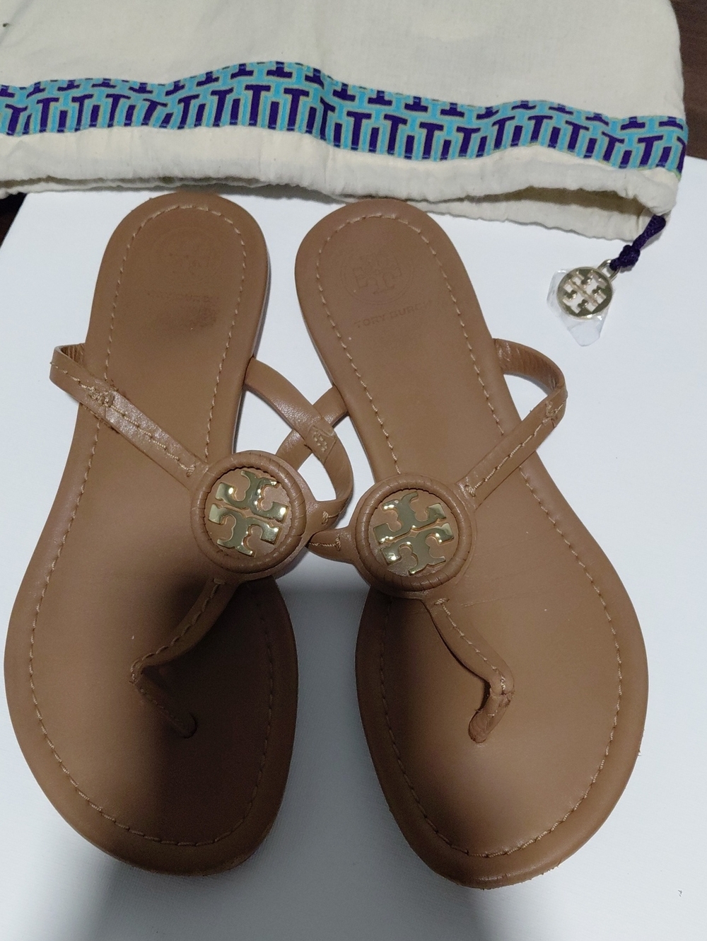 Tory Burch Tan Leather Logo Thong Sandals with Gold Emblem